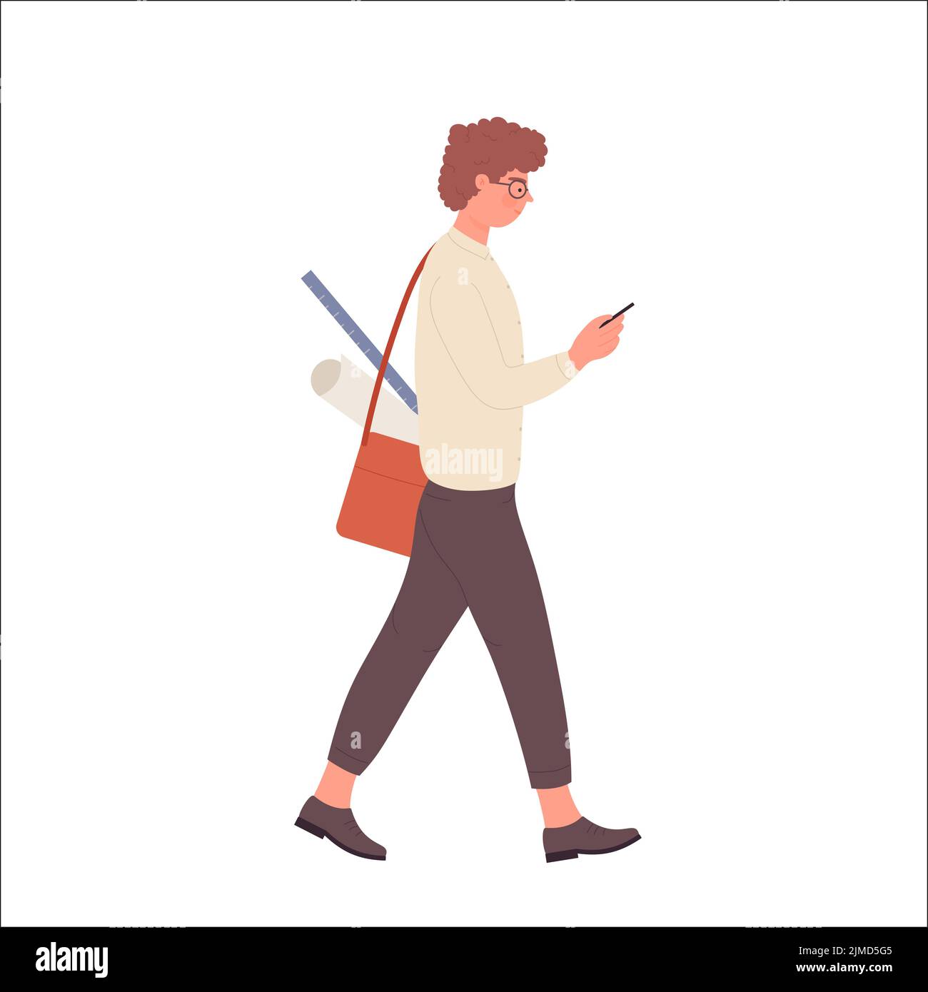 Walking nerd boy with smartphone. Geek teenager using mobile phone