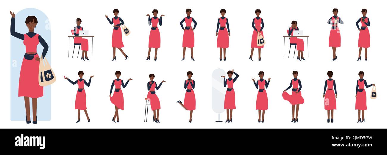 African american black young stylish woman poses set vector illustration. Cartoon fashionable lady blonde standing in heels, front view, back and side, beautiful girl holding shopping bag and walking Stock Vector