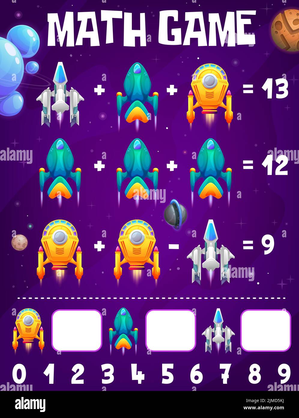 Cartoon spacecrafts and starship math game worksheet. Educational