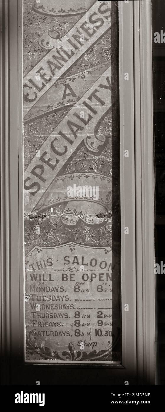 Cleanliness a speciality, Victorian shop sign in Stroud, Glos - Gloucestershire, England, UK - BW Stock Photo