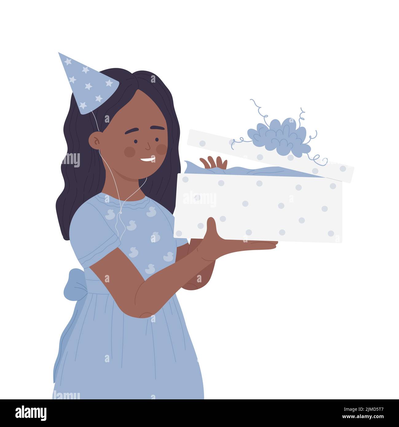 Happy girl opening present. Unpacking birthday gift moment vector illustration Stock Vector