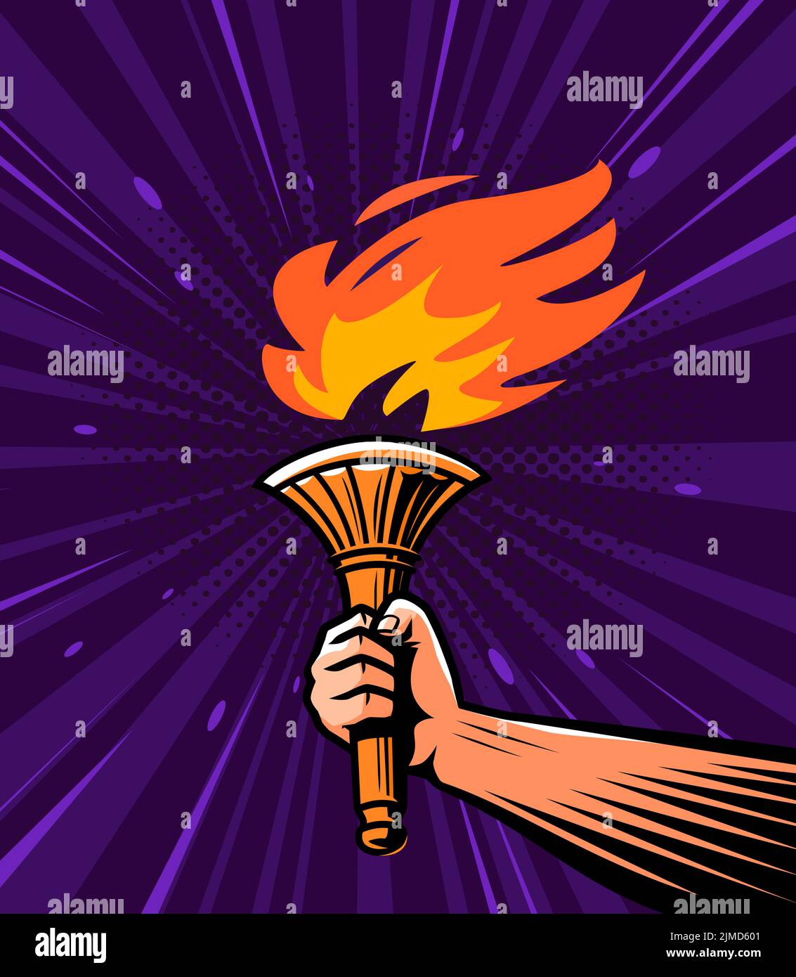Burning torch in hand. Explorer illuminated path with light of fire in dark. Pop art retro comic style vector Stock Vector