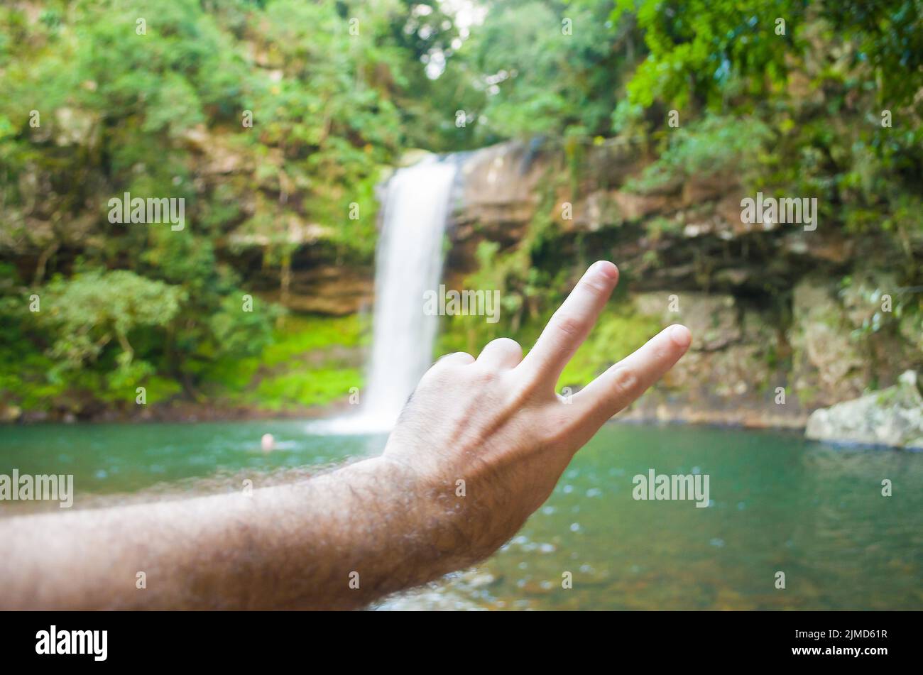 A waterfall to relax, a symbol of peace and love. Stock Photo