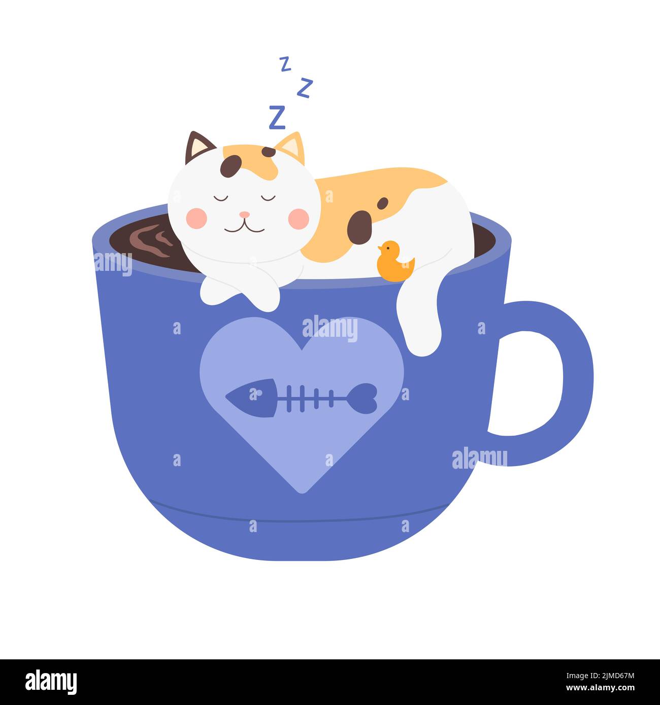 Coffee Cat Poster Adorable Kitten Sleep In Catpuccino Coffee Cup Vector Concept Isolated In 