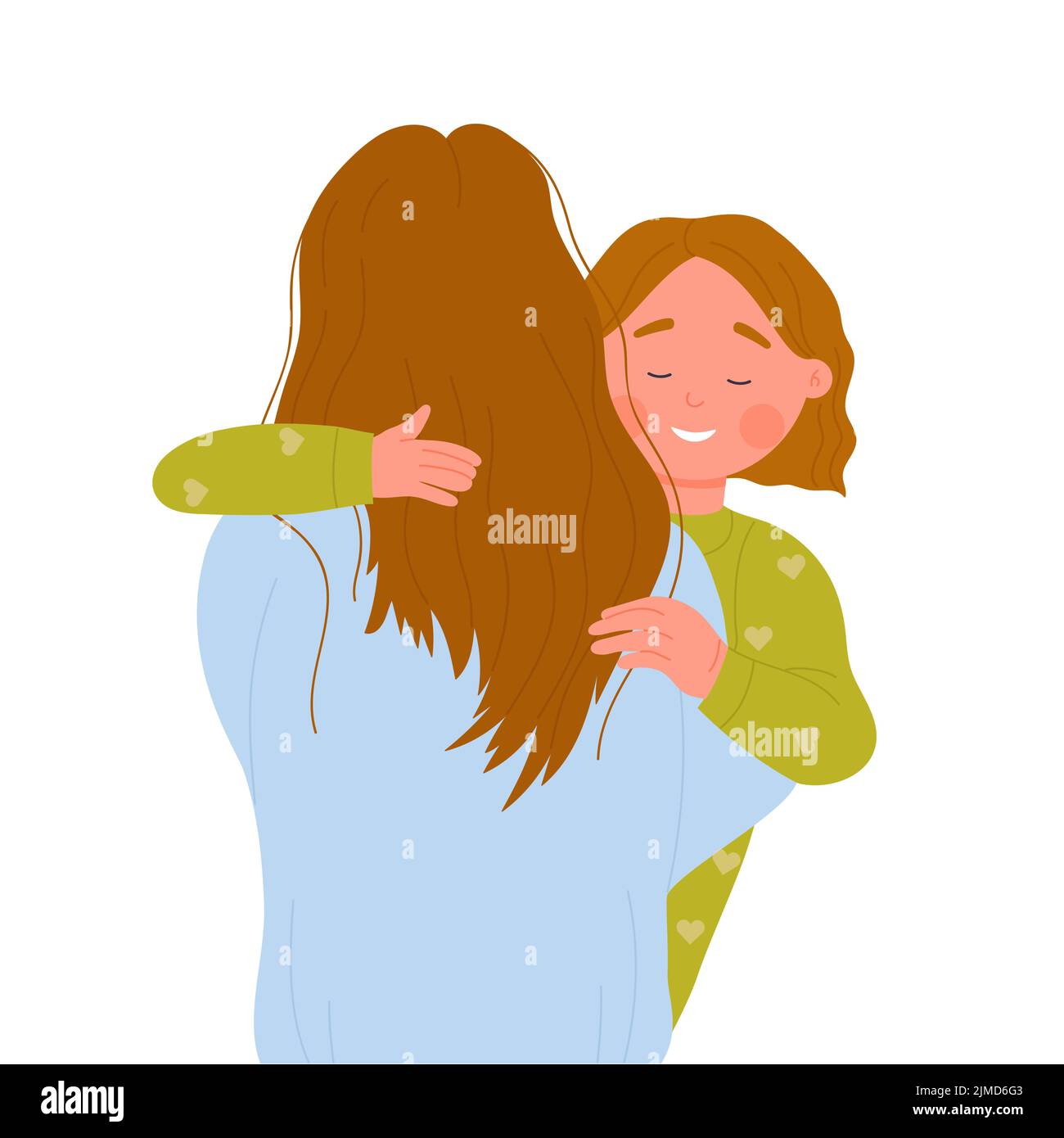 Little kid hugging mother. Warm lovely moment, family time together vector illustration Stock Vector