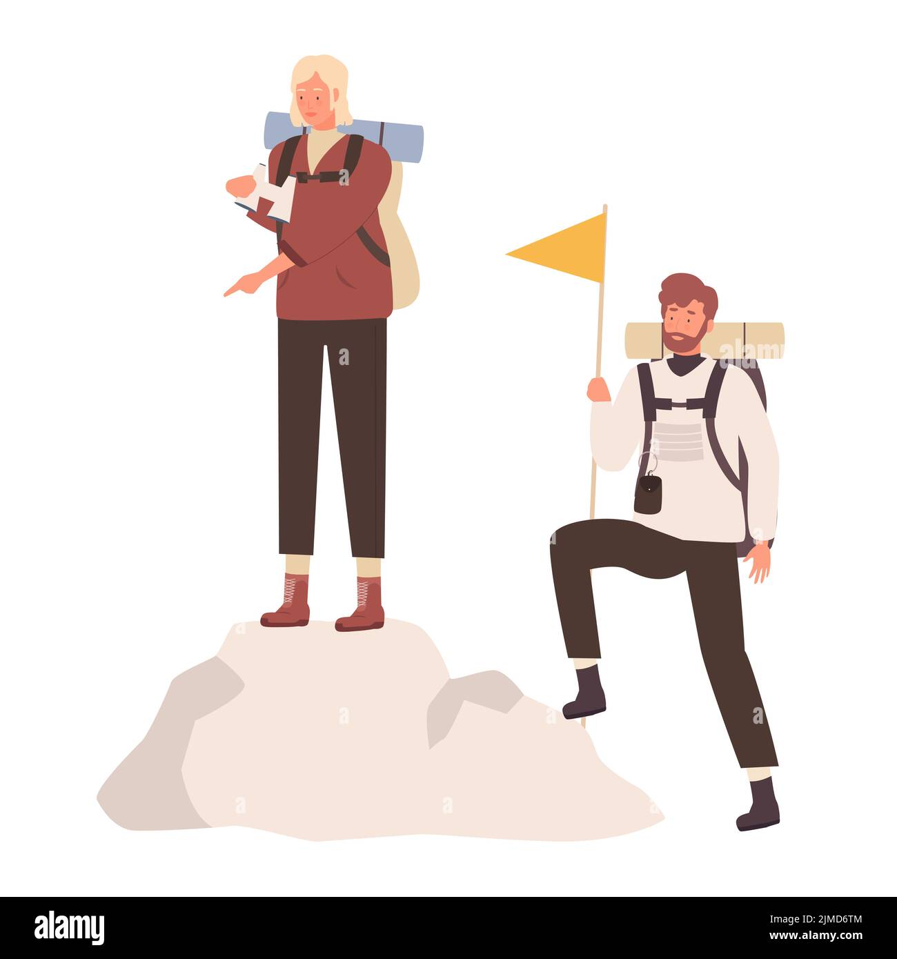 Couple of hikers on mountain top. Hiking activity, climbing leisure time vector illustration Stock Vector