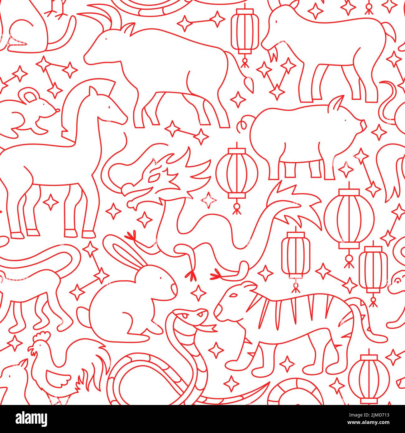 Chinese Zodiac Line Seamless Pattern Stock Vector