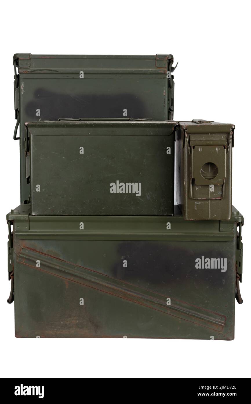 Stack of ammo cans isolated on white background Stock Photo