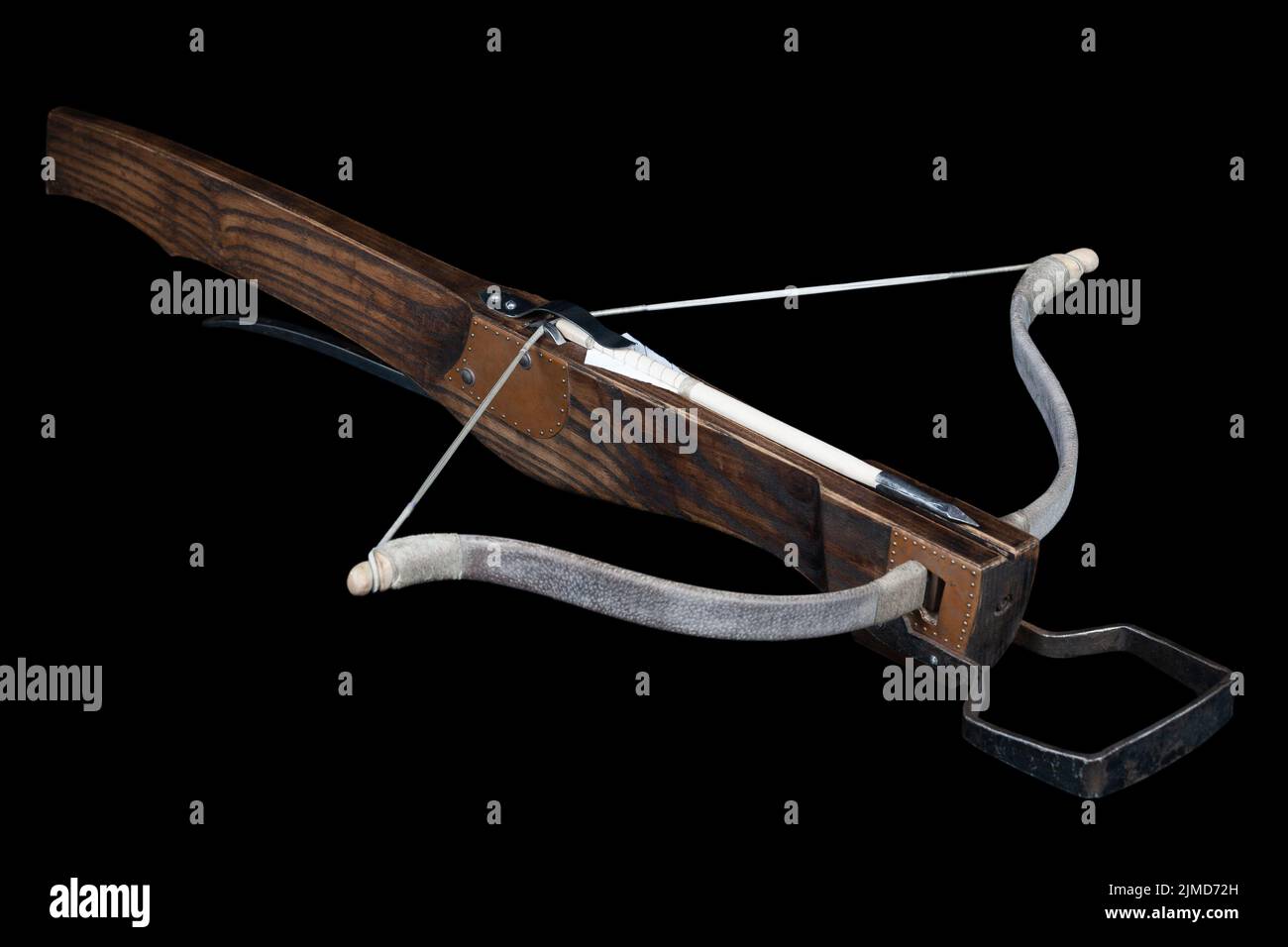 vintage medieval crossbow with bolt on black background Stock Photo