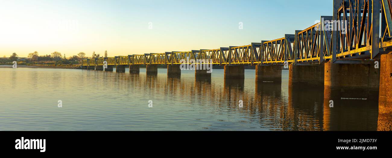 Tauranga Railway Bridge from downtown to Matapihi.in panorama Stock Photo