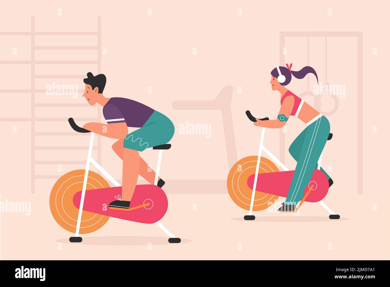 People doing exercises on static stationary bikes in gym of sport club