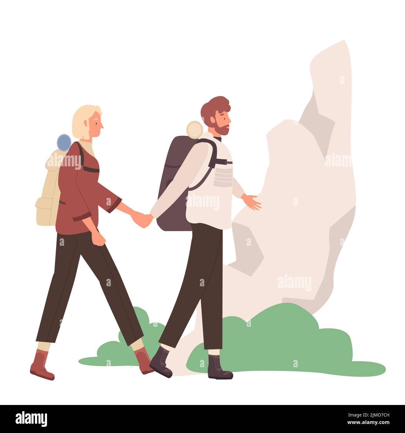 Walking tourists couple with backpacks. Travelling equipment, traveler adventure vector illustration Stock Vector