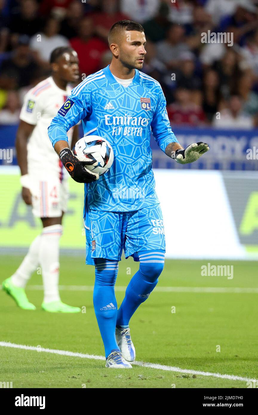 Goalkeeper of Lyon Anthony Lopes during the French championship Ligue 1  football match between Olympique Lyonnais (OL) and AC Ajaccio (ACA) on  August 5, 2022 at Groupama Stadium in Decines-Charpieu near Lyon,