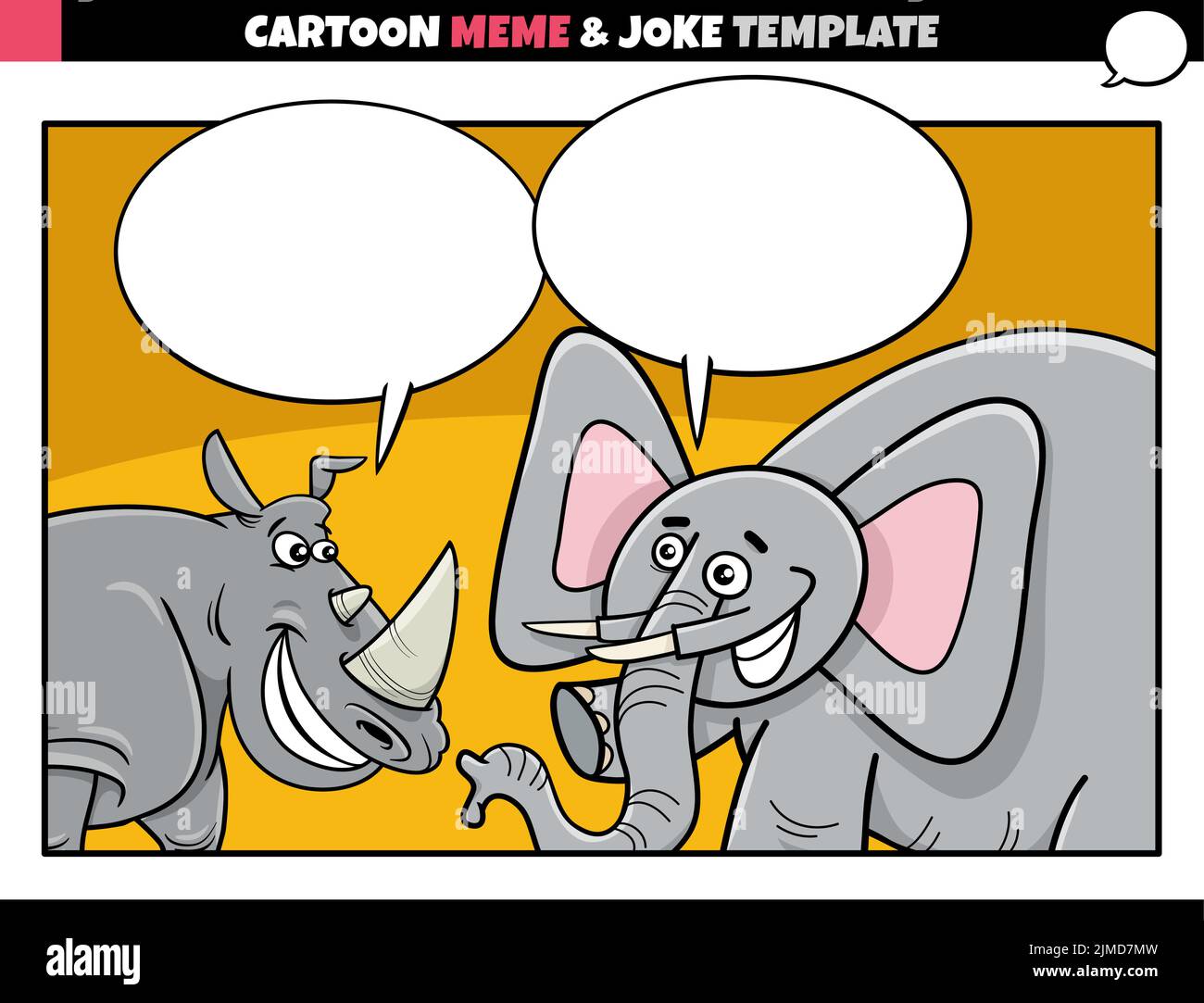 cartoon illustration of meme template with blank comic speech balloon and rhinoceros and elephant Stock Vector