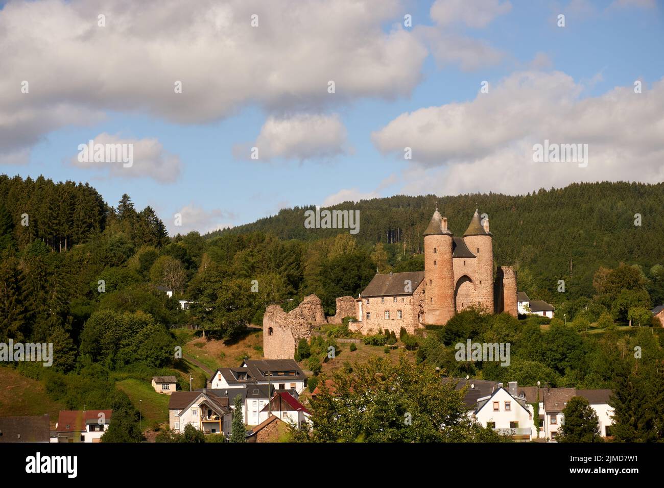 Landscape photo of Muerlenbach in the Eifel, Germany in spring with the Bertrada castle. Stock Photo