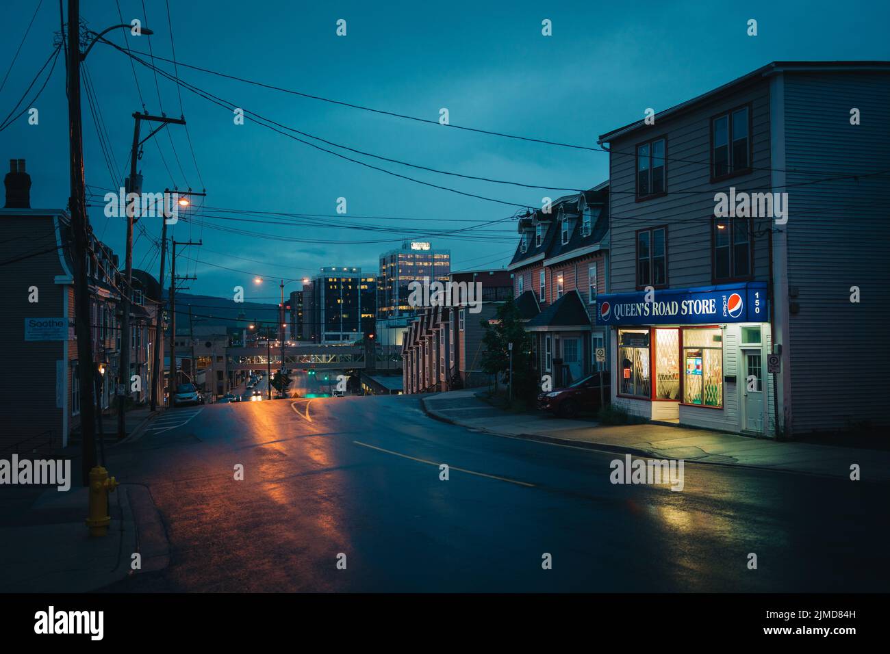 Queens Road Store vintage sign at night, St. Johns, Newfoundland and Labrador, Canada Stock Photo