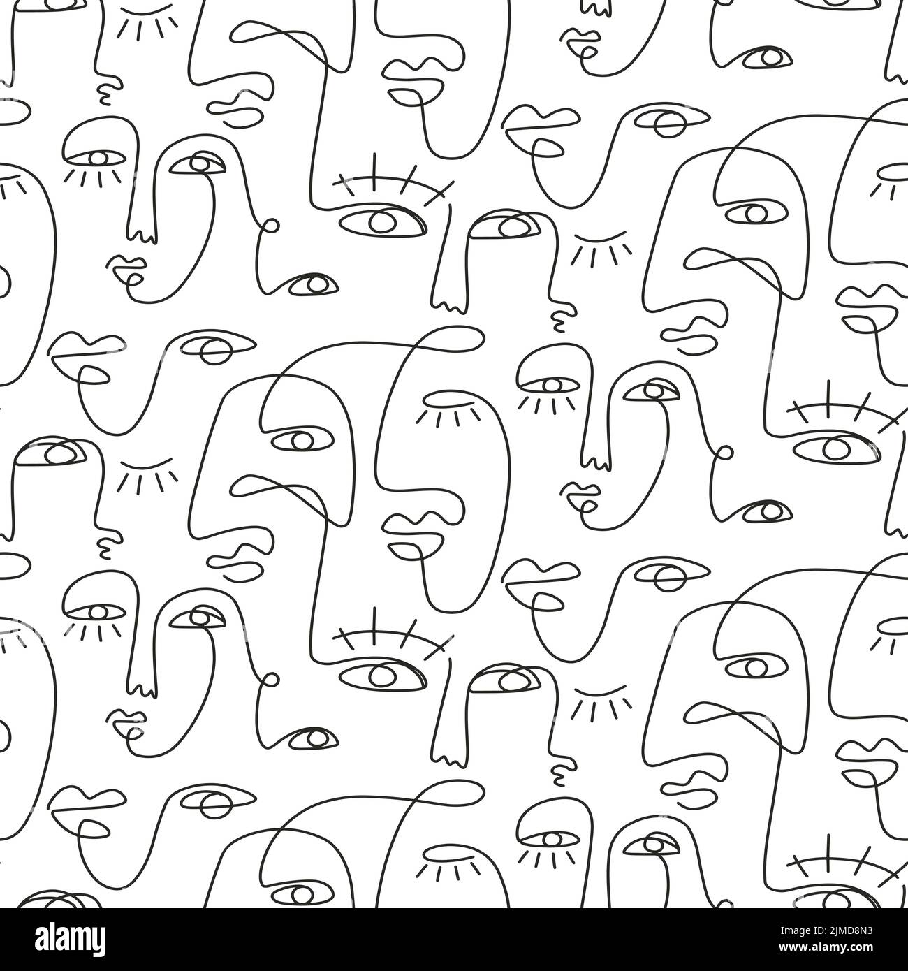 One line drawing abstract face seamless pattern Stock Vector