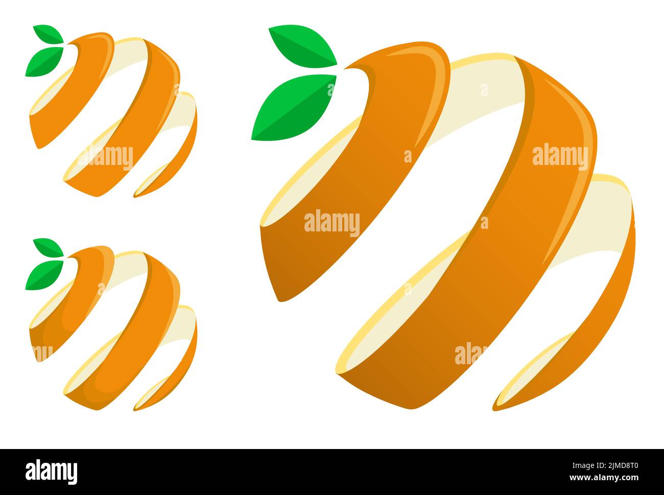 Orange peel emblem twisted into spiral with green leaves. Citrus fruit symbol in abstract form. Vector isolated on white background Stock Vector