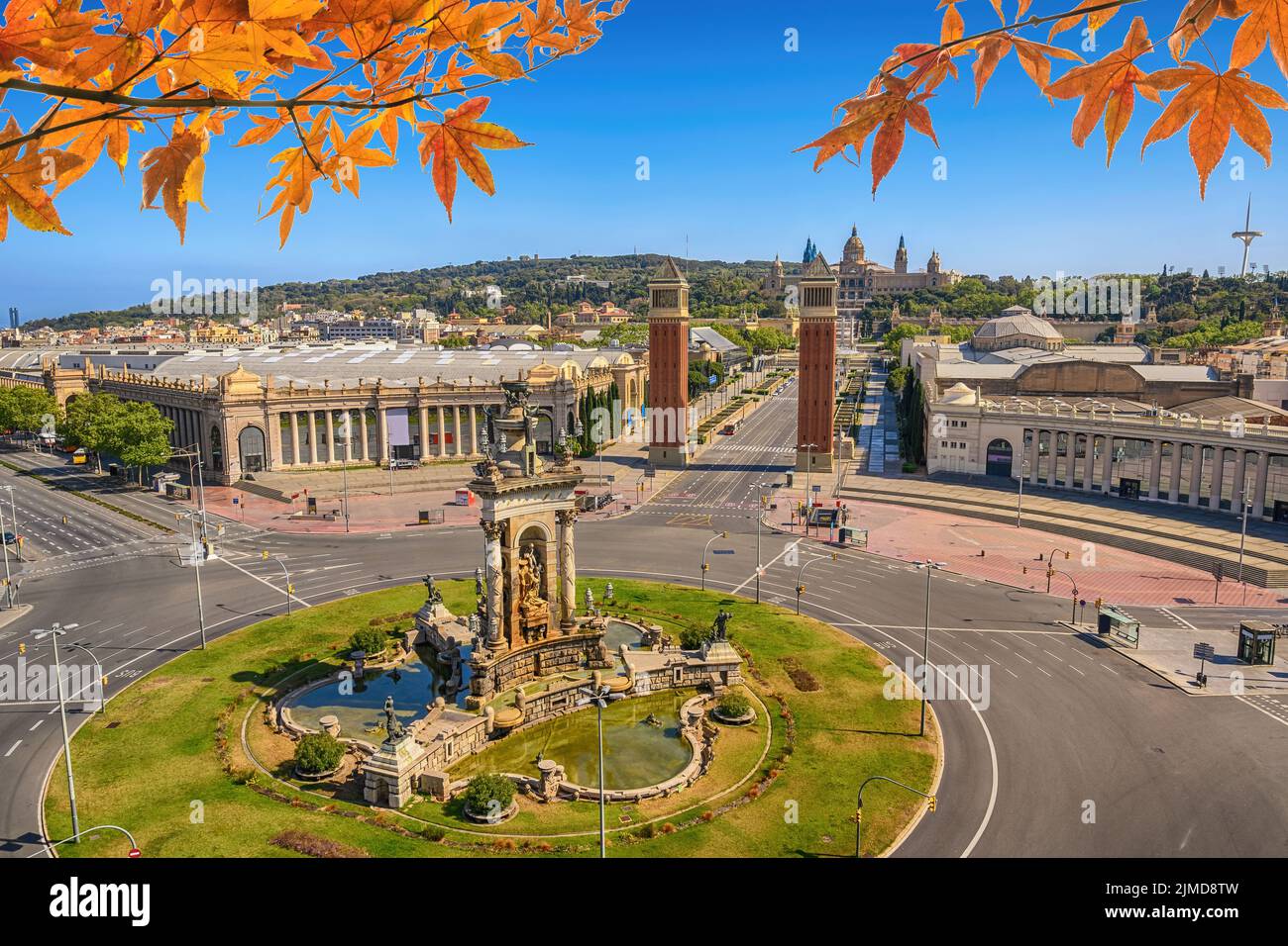 Barcelona Spain, city skyline at Barcelona Espanya Square with autumn leaf foliage Stock Photo