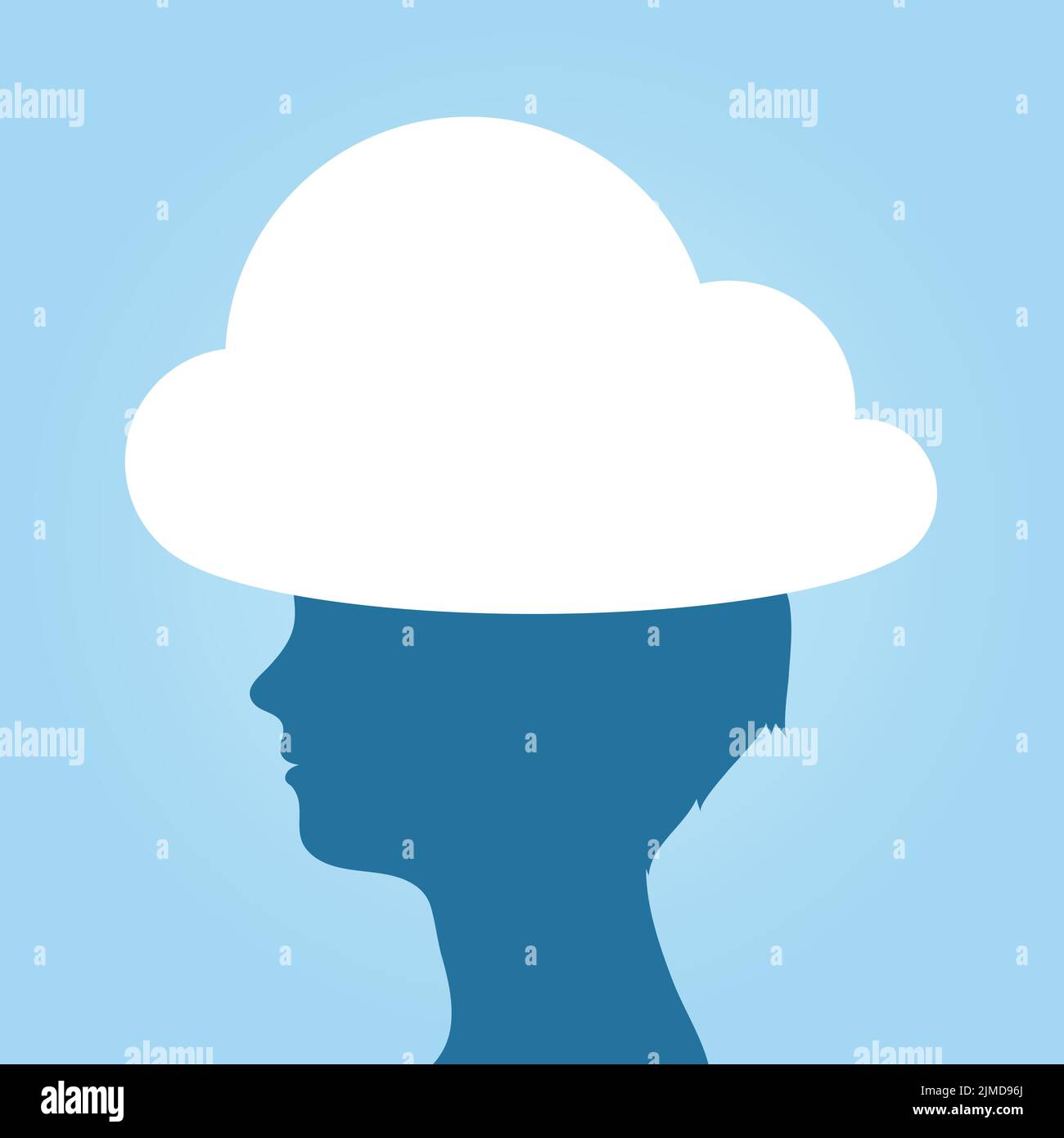 Woman head in the clouds silhouette against blue sky daydreaming