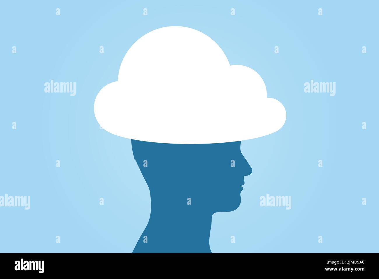 Man head in the clouds silhouette against blue sky daydreaming idiom