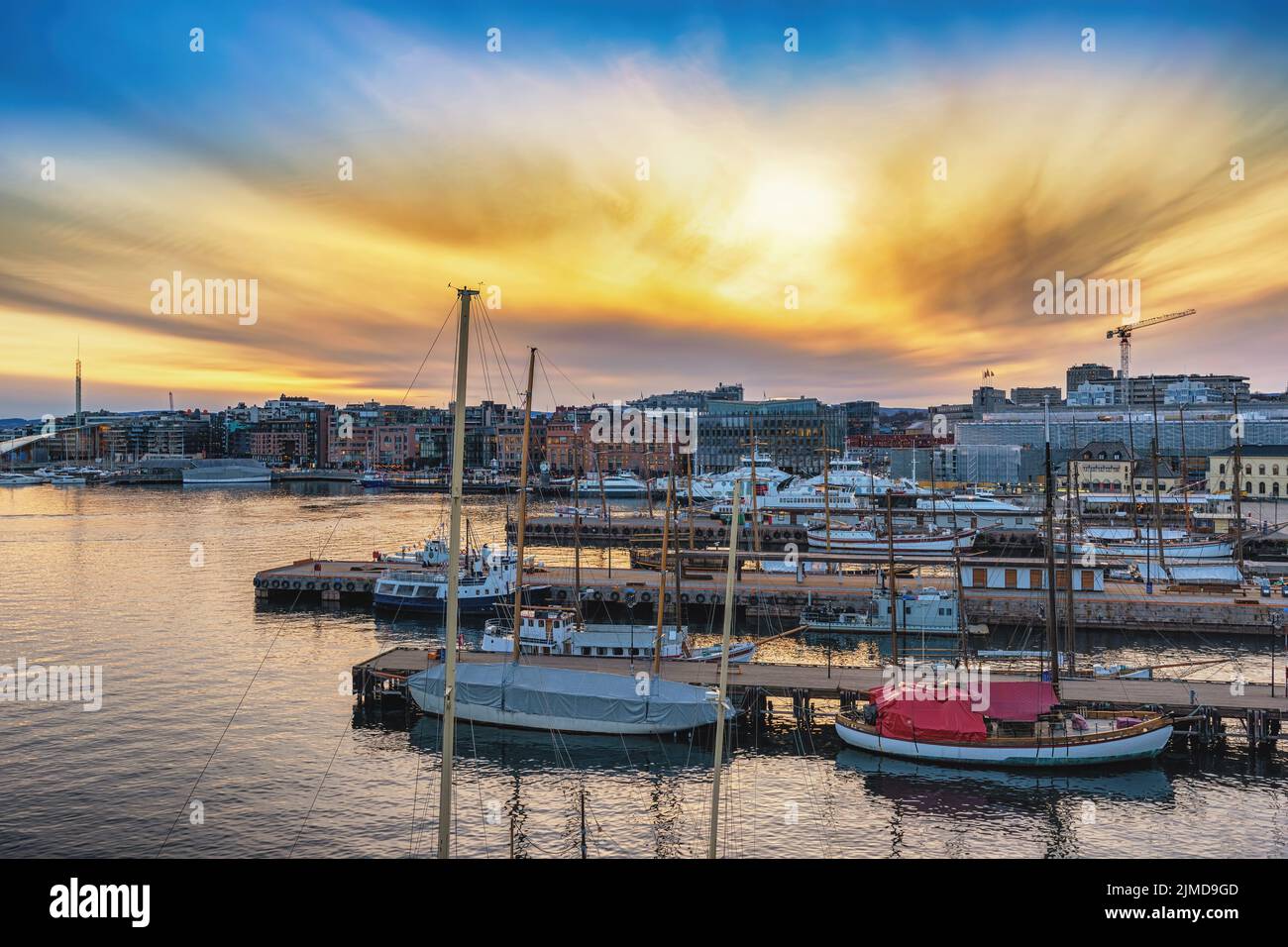Oslo Norway, sunset city skyline at Oslo harbour Stock Photo