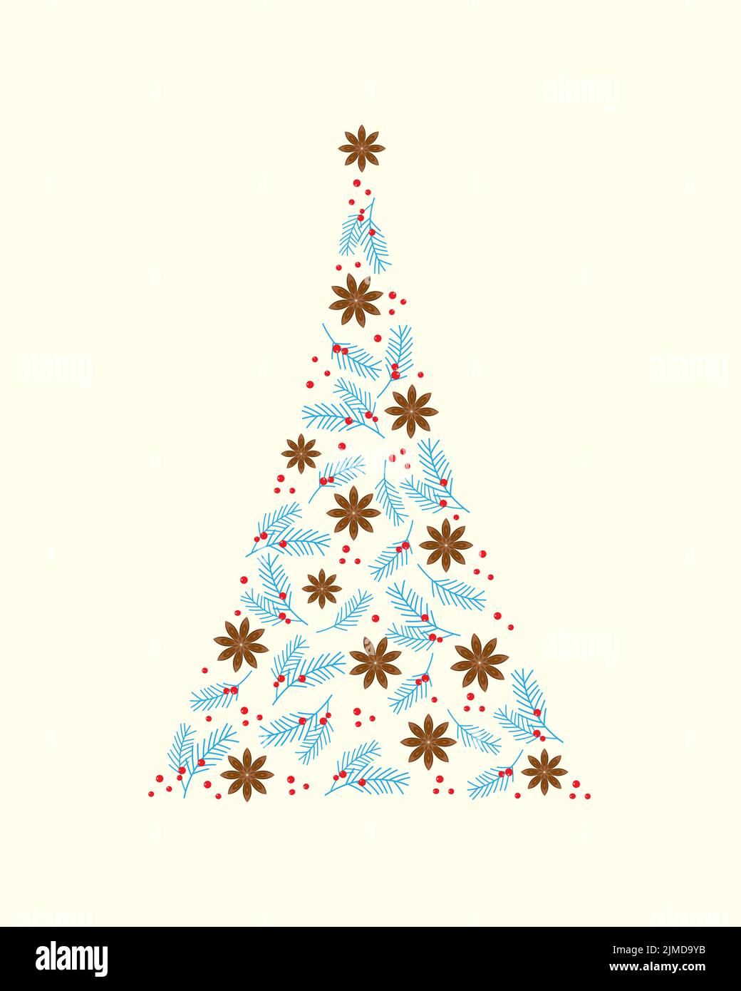 Christmas blue tree star anise fir coniferous branch juniper red berry. Vector illustration Stock Vector