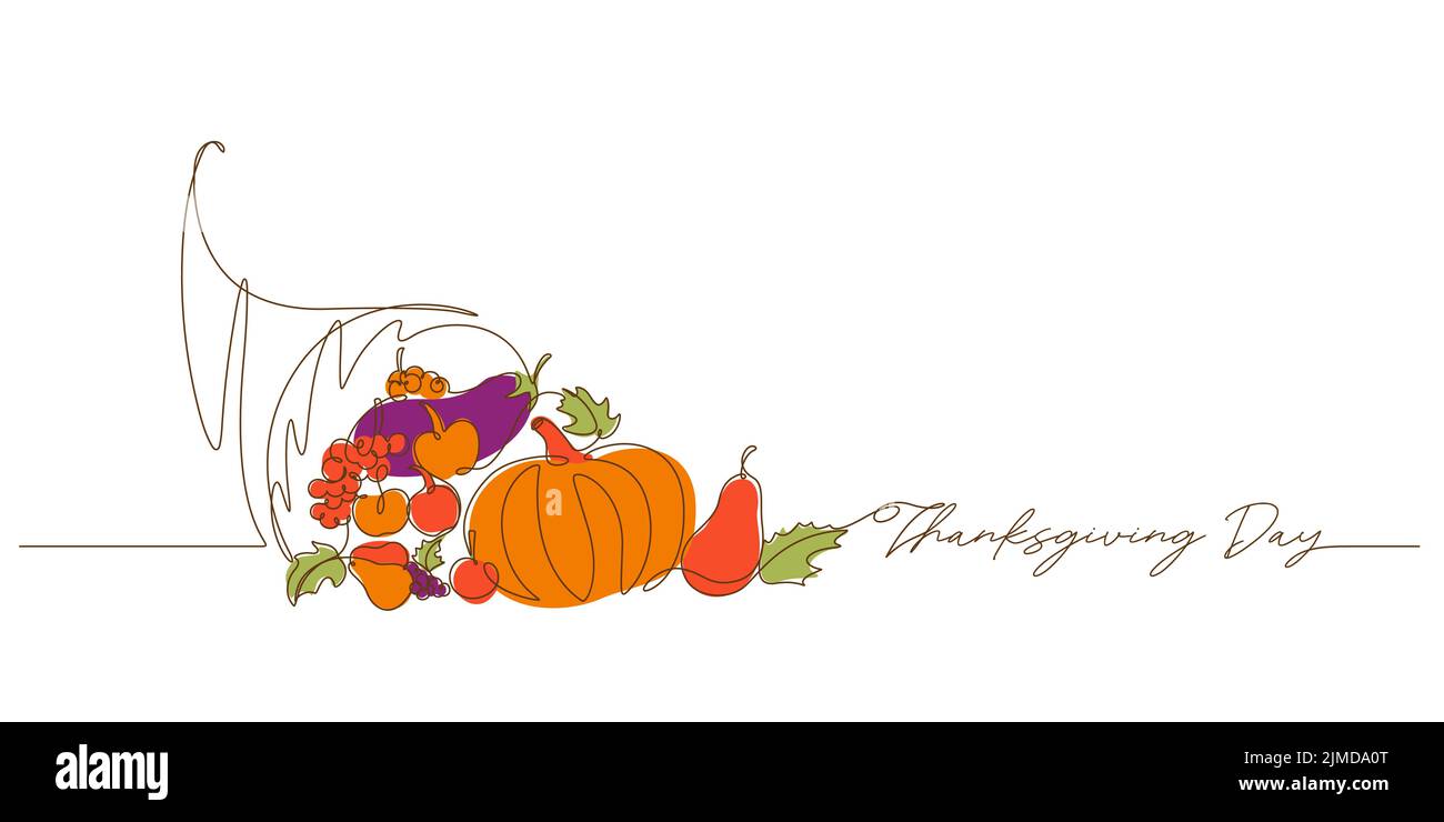 cornucopia horn of plenty colored line art vector illustration. continuous line drawing style. thanksgiving day celebration background Stock Vector