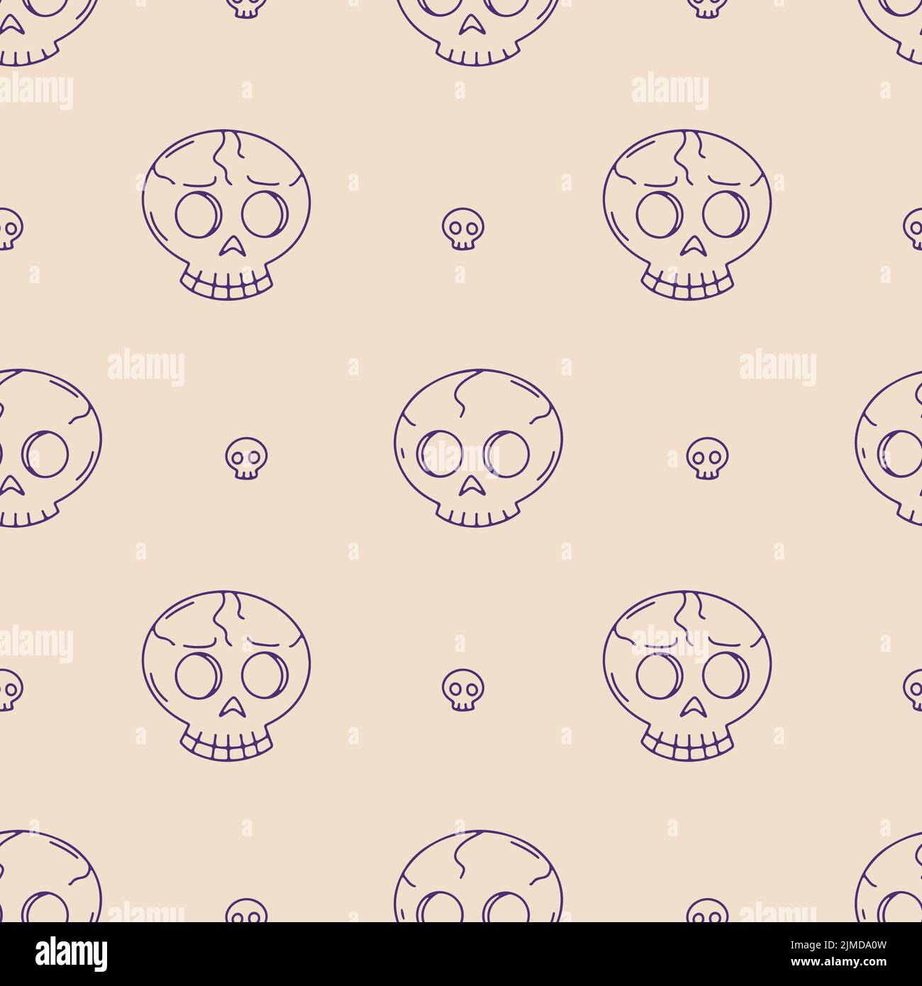 Seamless pattern with line art skulls on a beige background Stock Vector