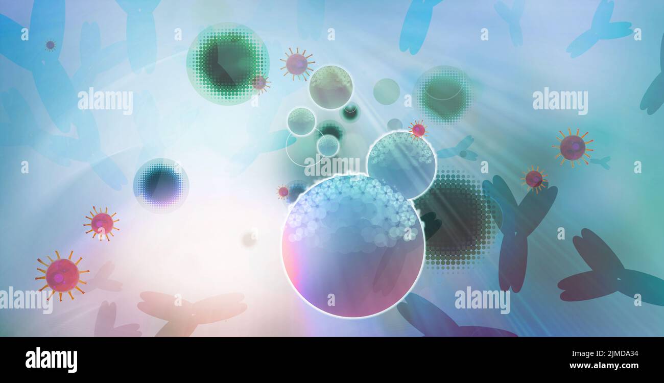 grafische, abstrahierte Darstellung einer Infektion, Antikörpern, Zellen und Viren in einer größerten Ansicht. Infektion, Antikörper, Virus, Illustrat Stock Photo