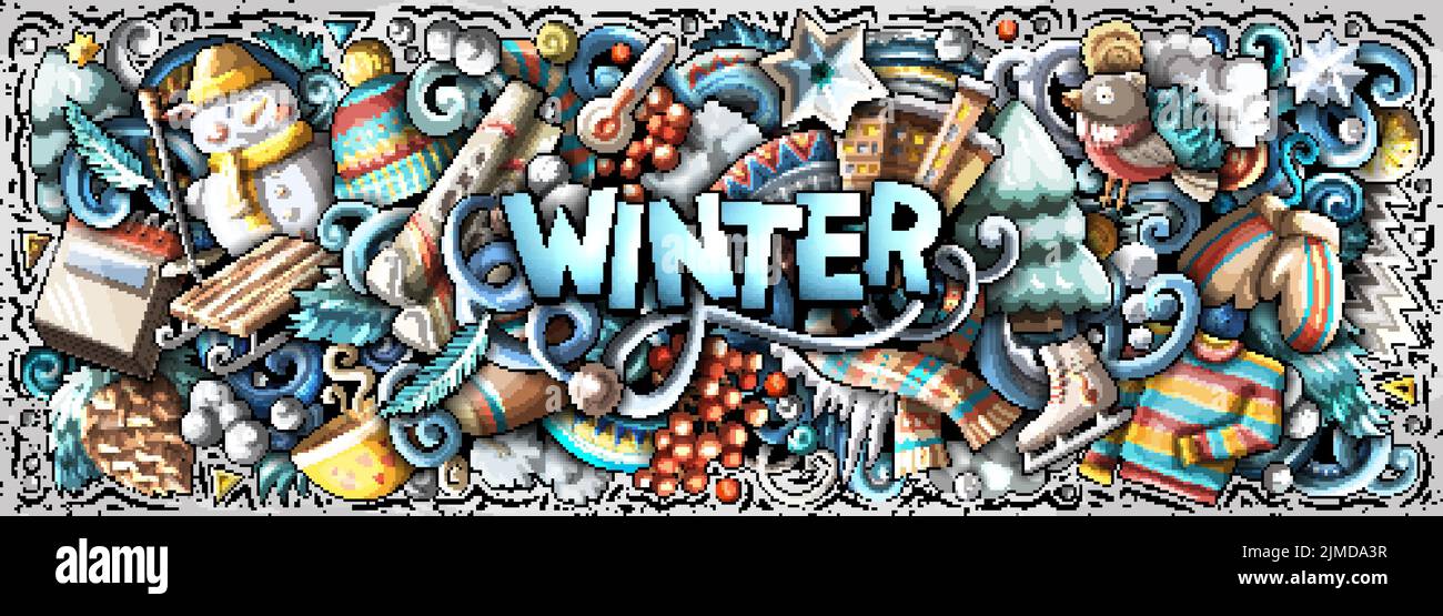 Winter cartoon doodle banner. Funny seasonal design Stock Vector Image