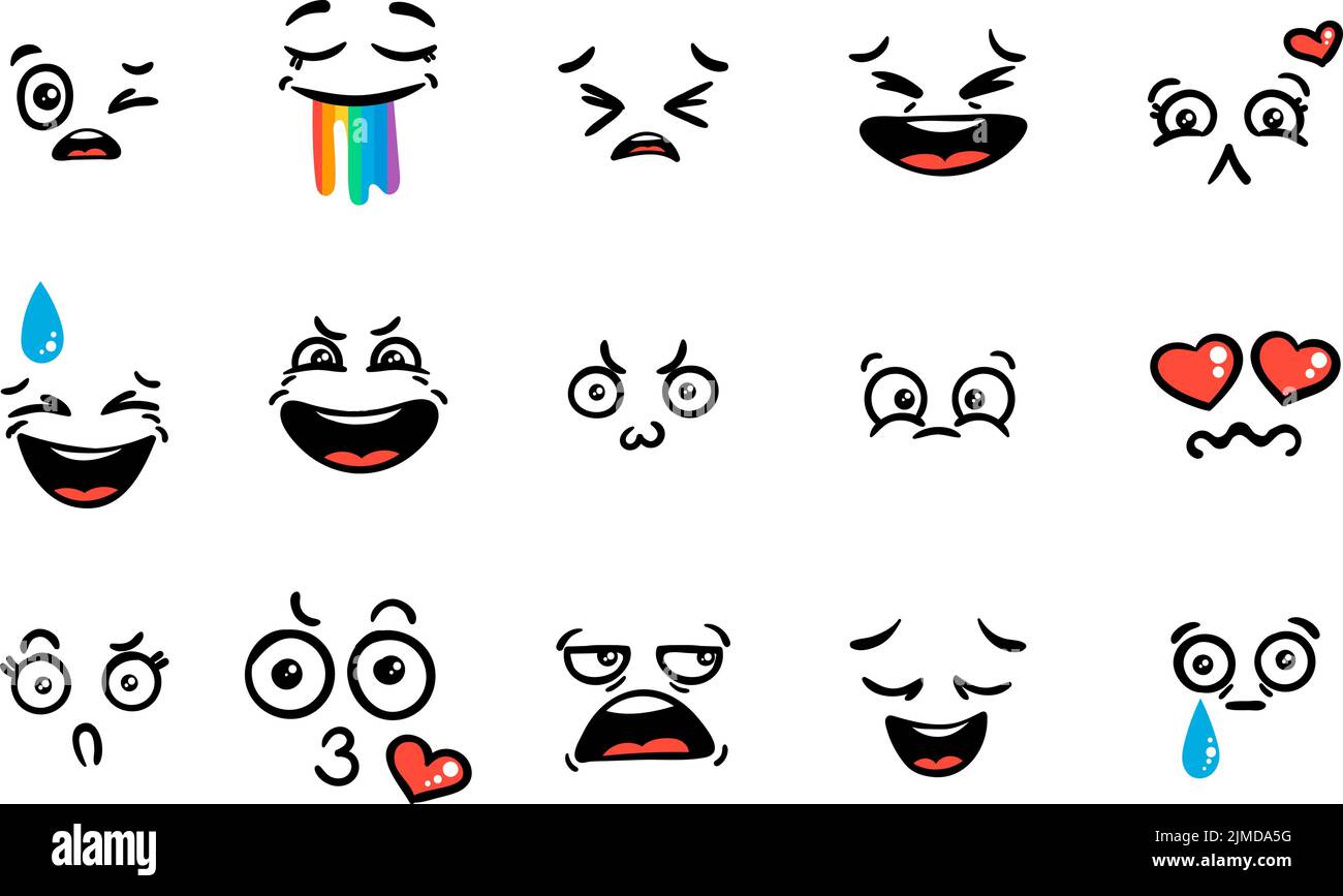 Various Cartoon Emoticons Set. Doodle faces, eyes and mouth. Caricature ...
