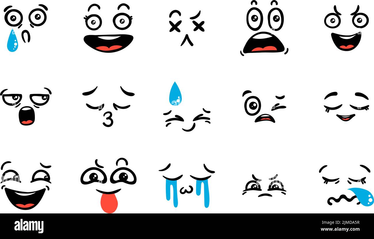 Various Cartoon Emoticons Set. Doodle faces, eyes and mouth. Caricature ...