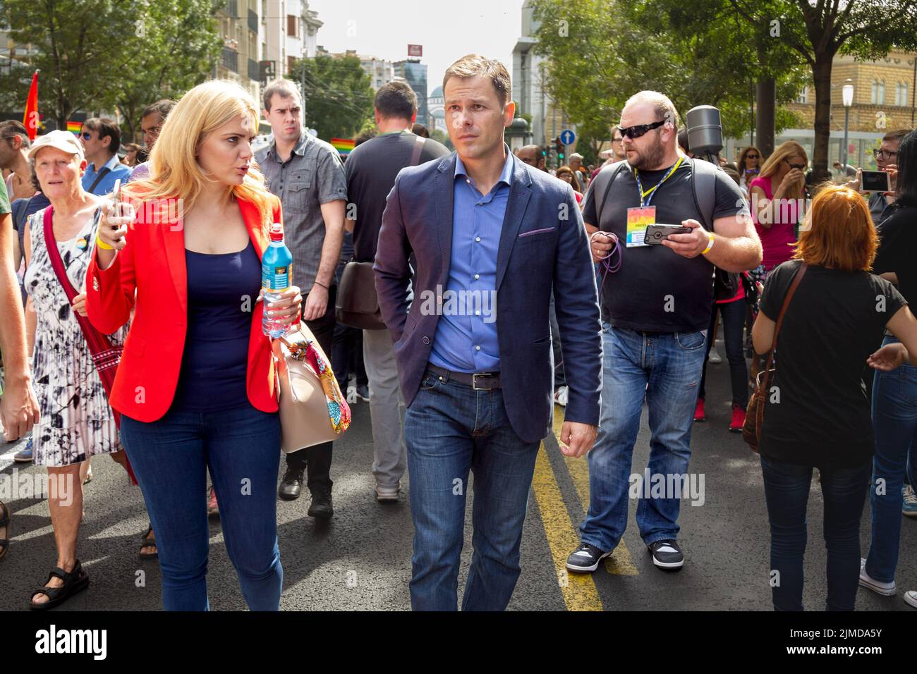 Picture of Sinisa Mali (right) former Belgrade Mayor and current Minster of Finances of Serbia, during Belgrade 2016 Gay Pride. Siniša Mali is a Serbi Stock Photo