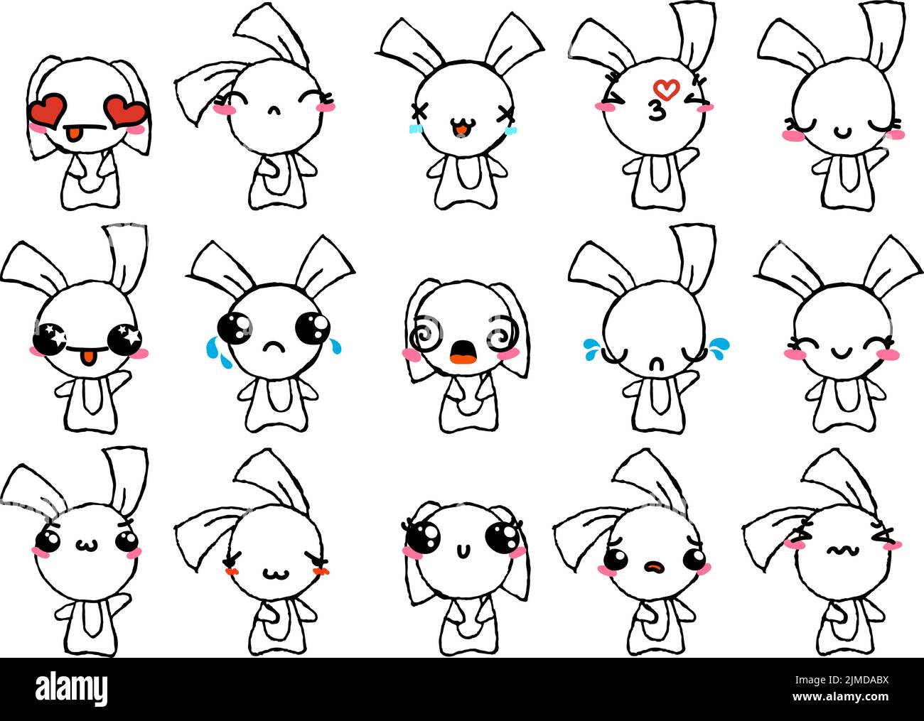 Set of Rustic Rabbits with Emoticons. Doodle faces, eyes and mouth ...