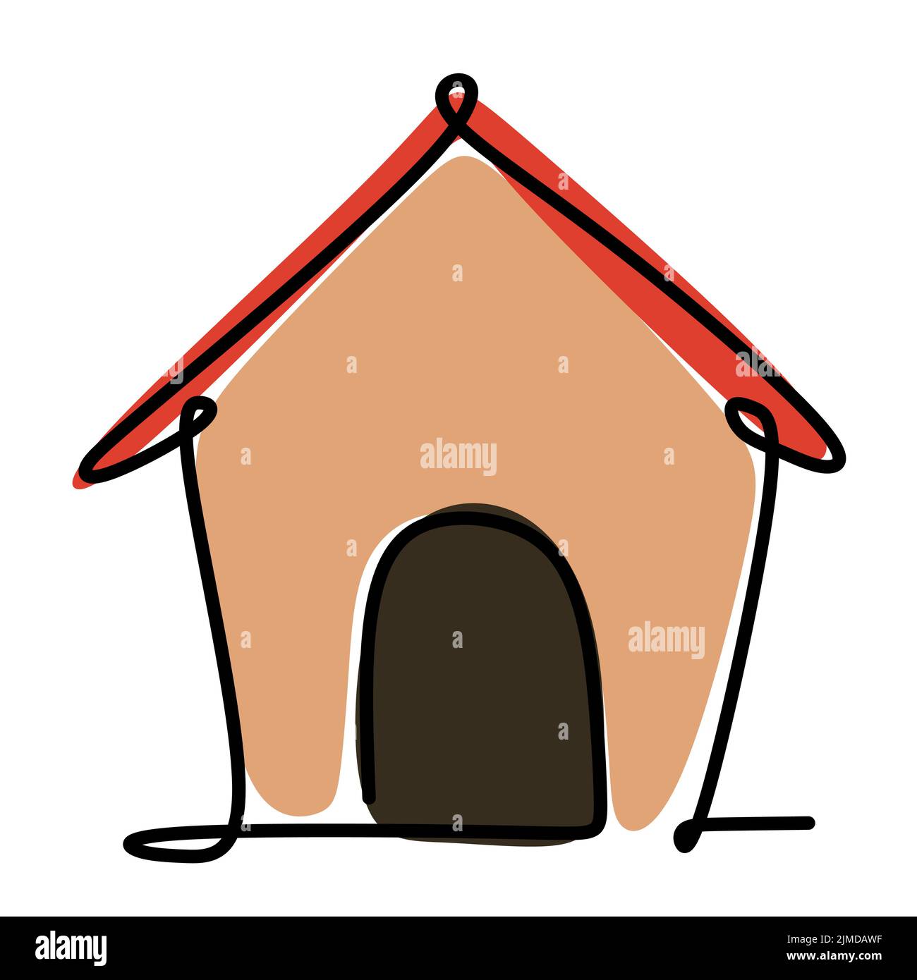 Simple single line drawing of a kennel or a doghouse. Animal flat color design concept for friendly pet icon. Modern continuous one line draw design v Stock Vector