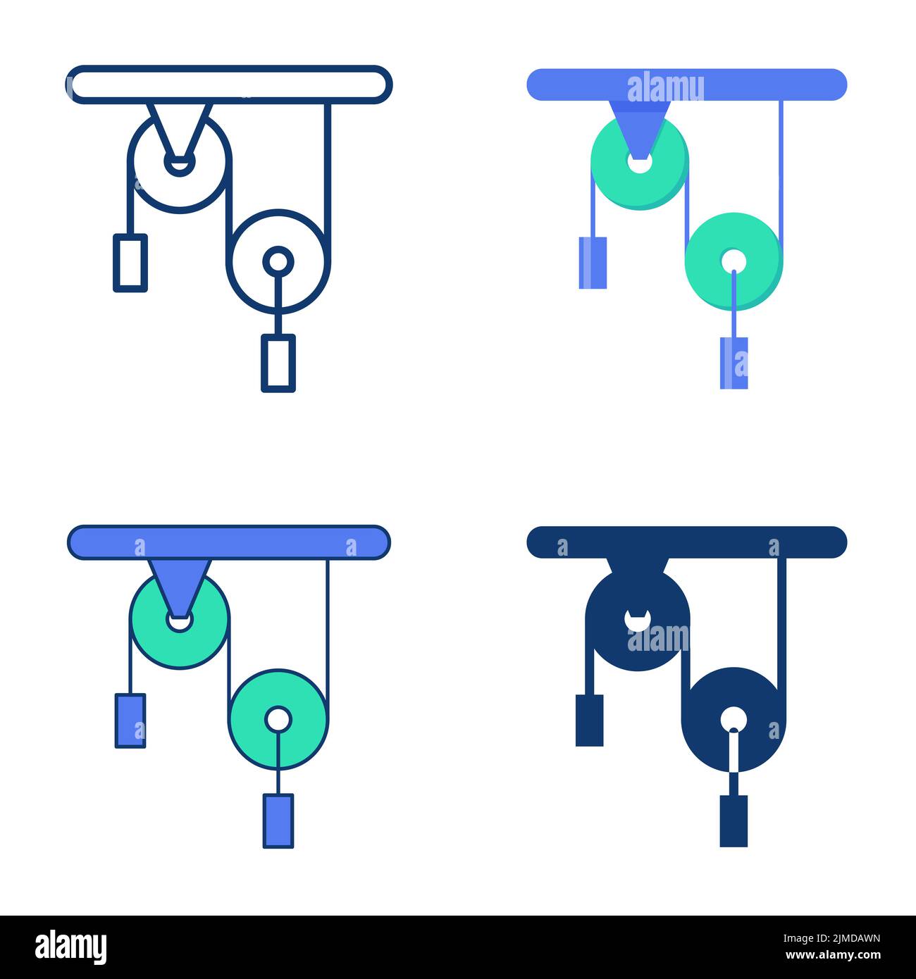 Pulley block system in physics icon set in flat and line style. Newtonian mechanics problem. Vector illustration. Stock Vector
