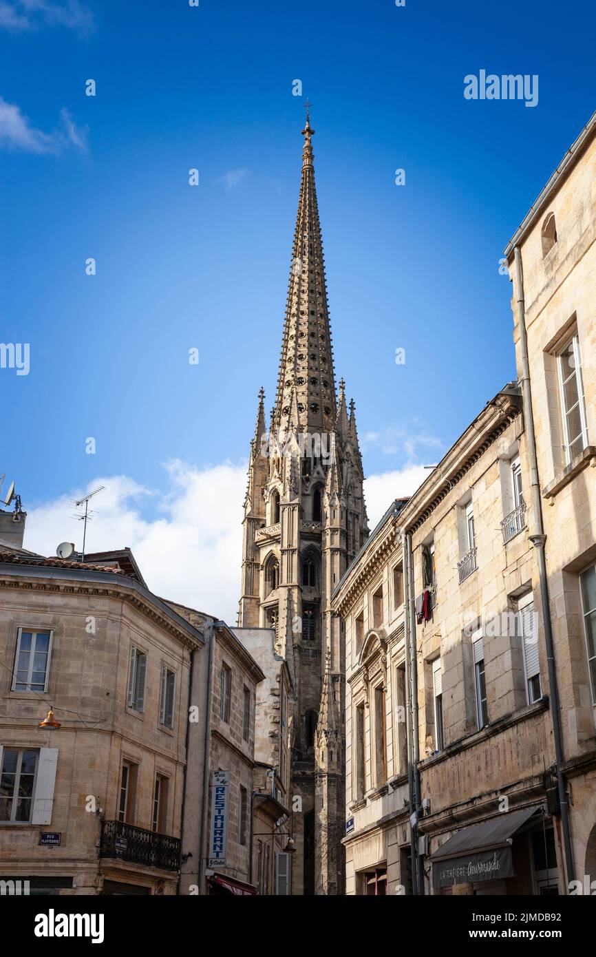 Picture of a sunny panorama of Bordeaux, France, with the basilique saint michel steeple. The Basilica of St Michael (Basilique Saint-Michel, in Frenc Stock Photo