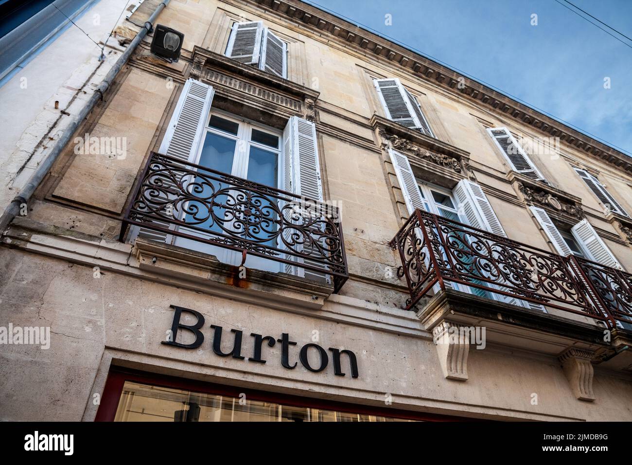 Picture of a sign with the logo of Burton on their main store for Bordeaux, France. Jules is a British men's and women's  clothing retailer. Stock Photo