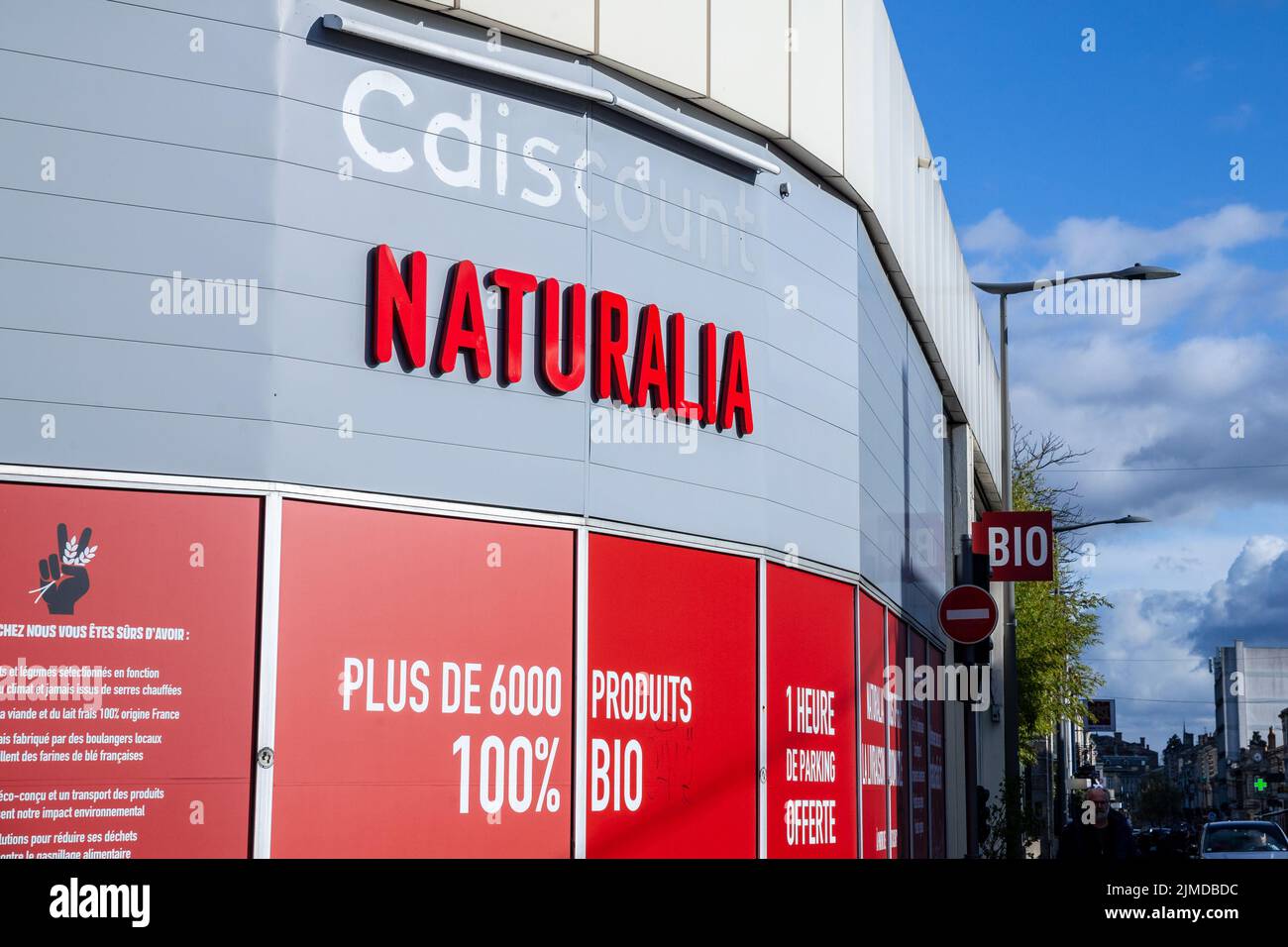 Picture of a sign with the logo of Naturalia on their store in Bordeaux, France. Naturalia is a sign of distribution French specializing in products o Stock Photo
