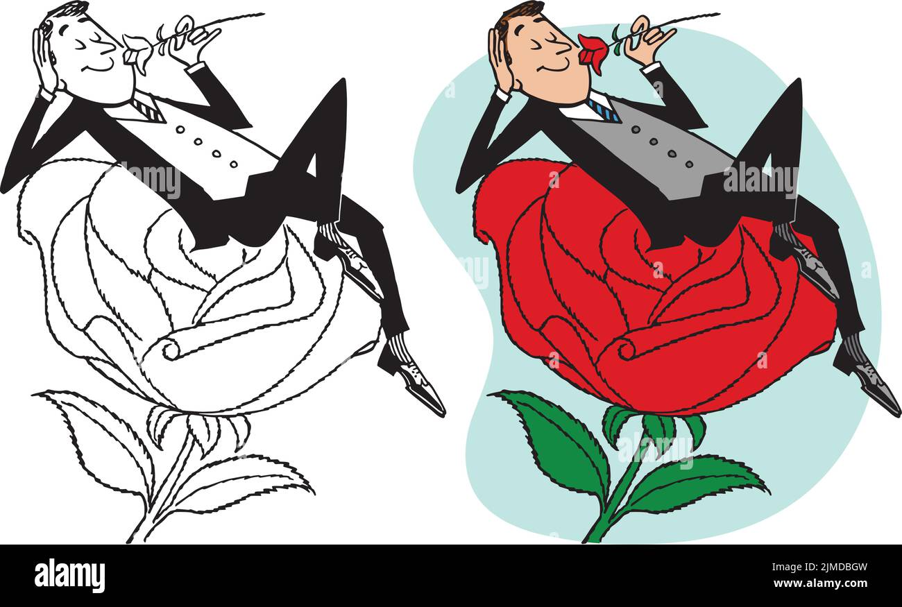 A vintage retro cartoon of a businessman sitting on a giant rose smelling like a rose. Stock Vector