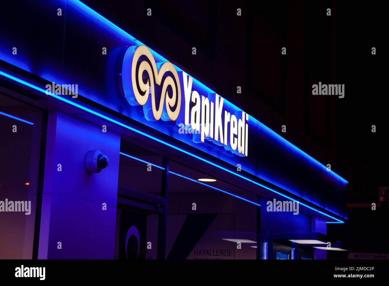 Picture of a sign with the logo of Yapi Kredi taken in front of their local bank in Istanbul, Turkey. Yapı Kredi is one of the first nationwide commer Stock Photo