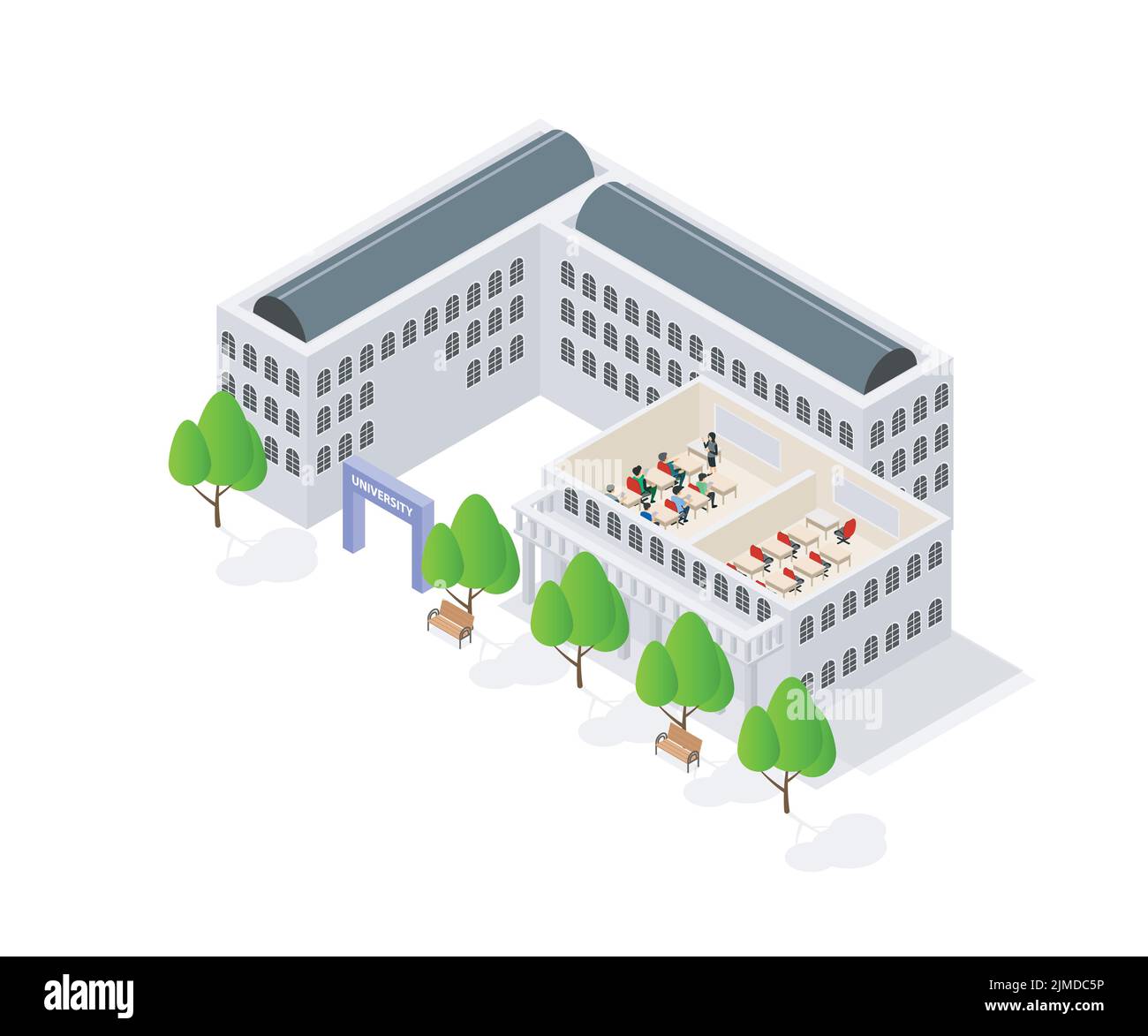 A digital pixelated illustration of a university building design with