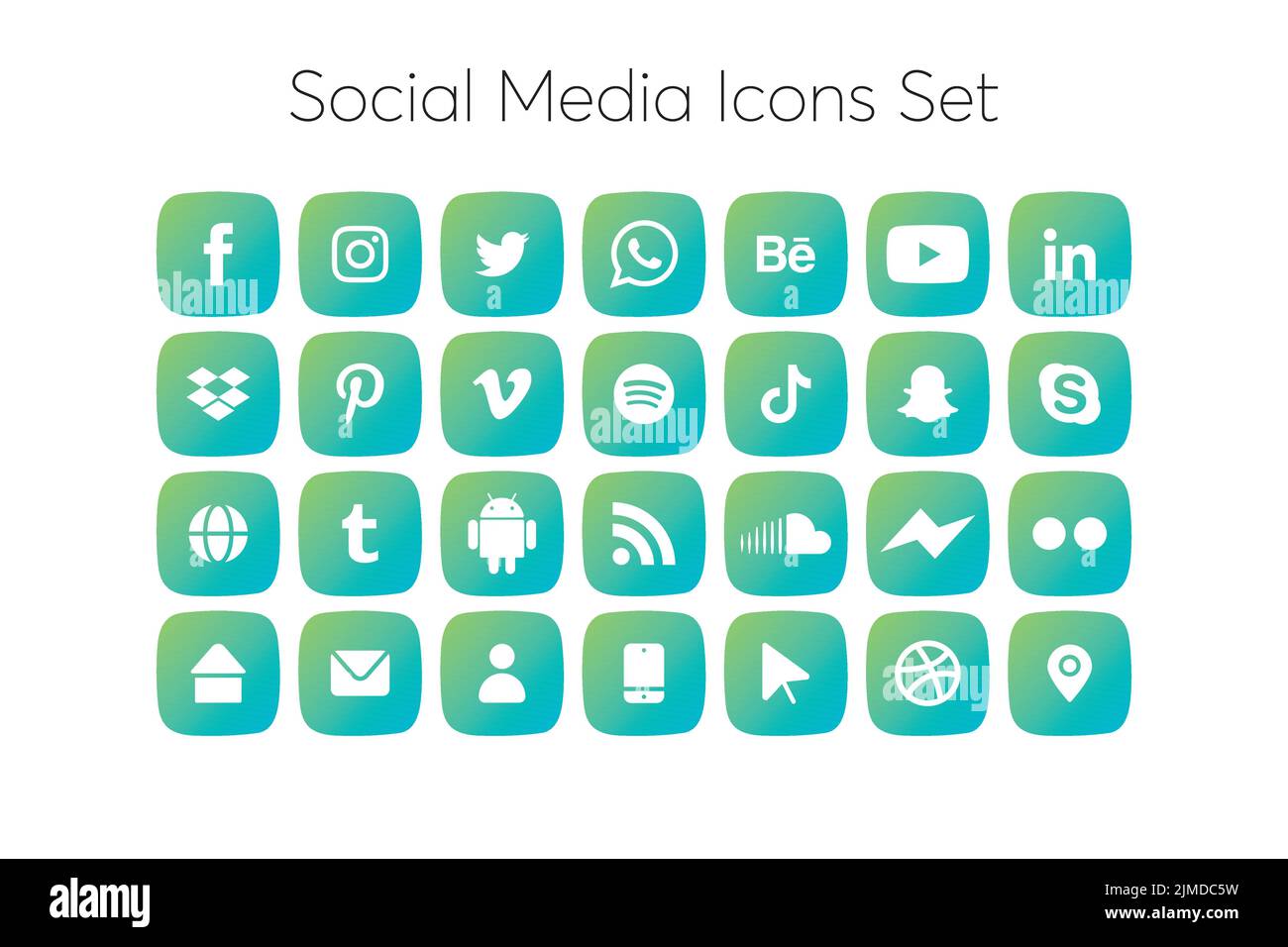 Social media icon sets in rounded corner square button teal green and blue color Stock Vector