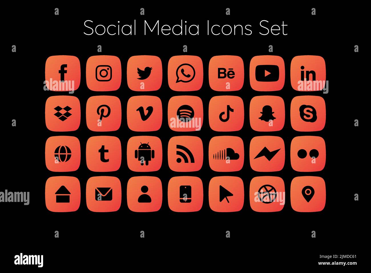 Social media icon sets in rounded corner square button orange and red color Stock Vector