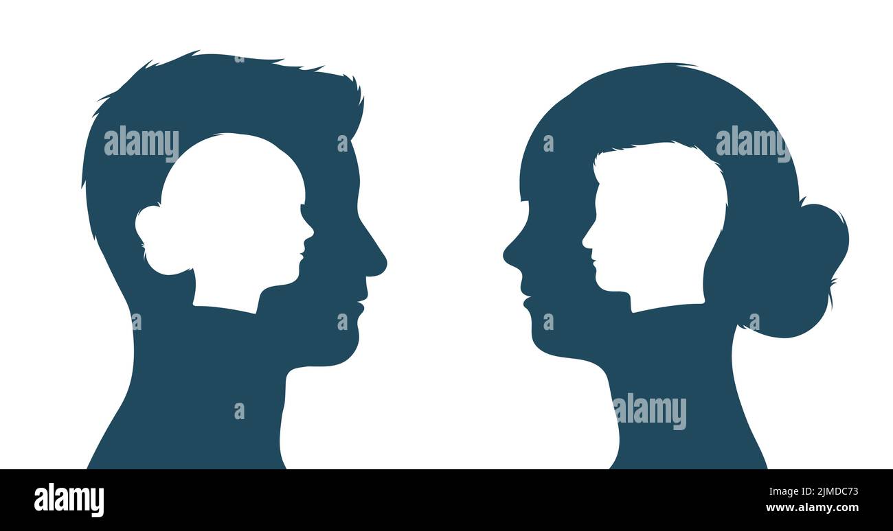 Woman and man head silhouettes exchanging ideas with open mind taking each others perspective - vector illustration Stock Vector
