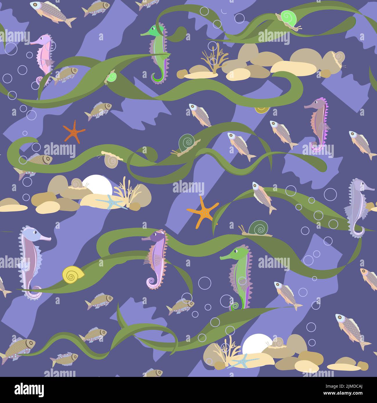 a pattern without a background of colorful seashells and seahorses Stock Vector