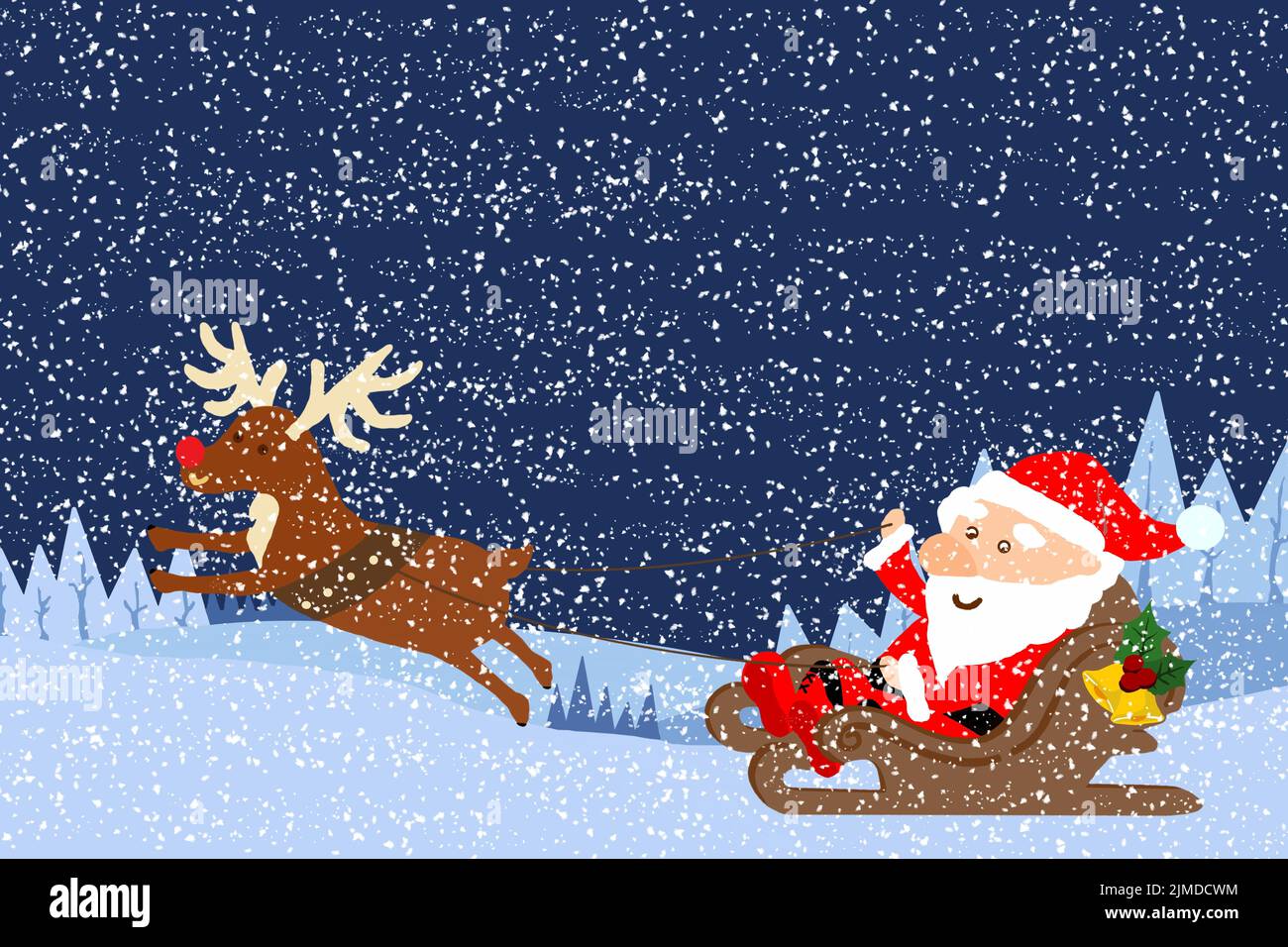 Happy Santa in his Christmas sled being pulled by reindeer Stock Photo