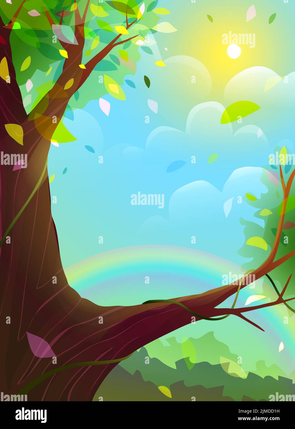 Dreamlike Summer Scenery with Big Tree and Rainbow Stock Vector