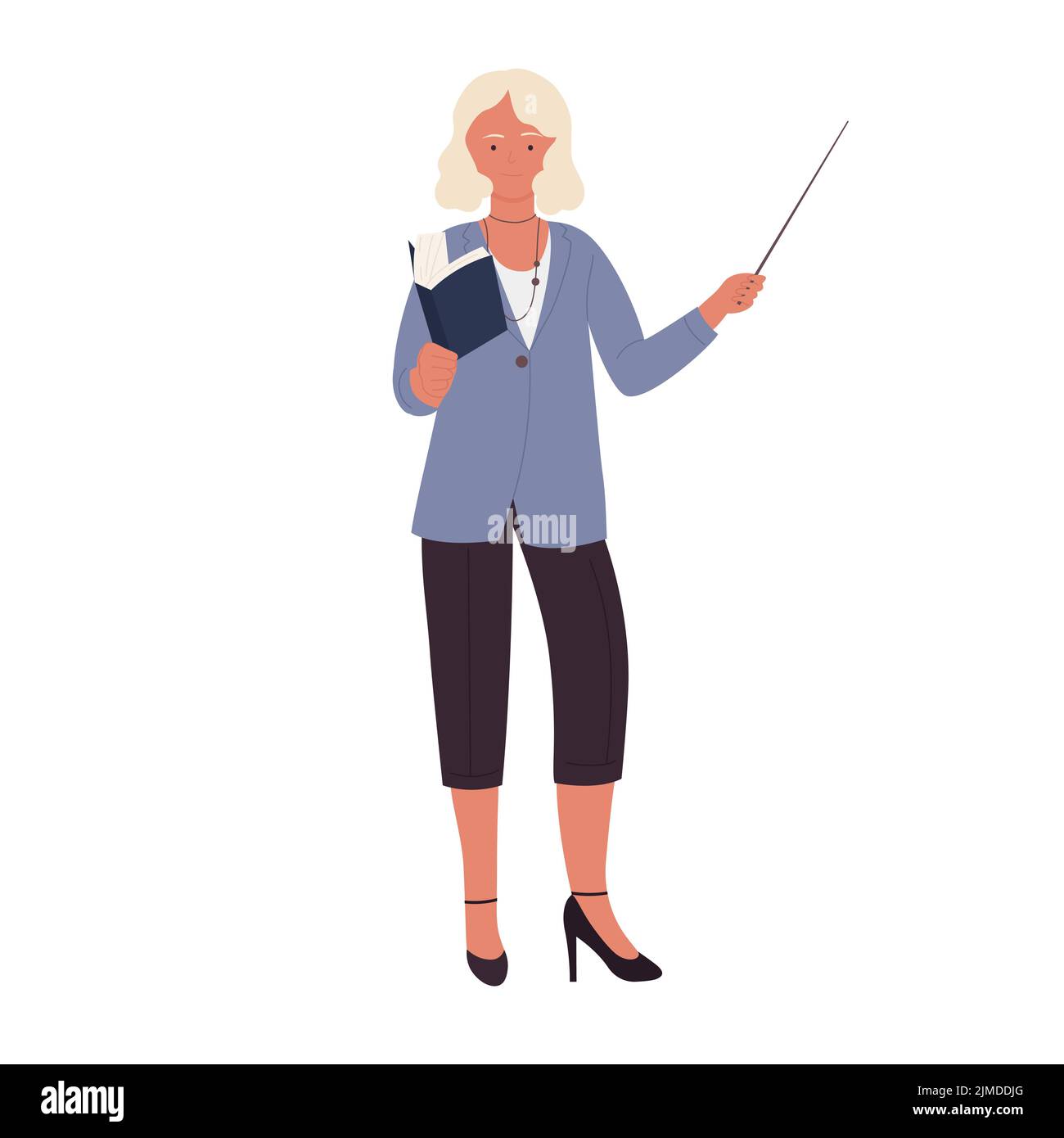 Woman teacher with pointing stick. School professor explaining subject vector illustration Stock Vector